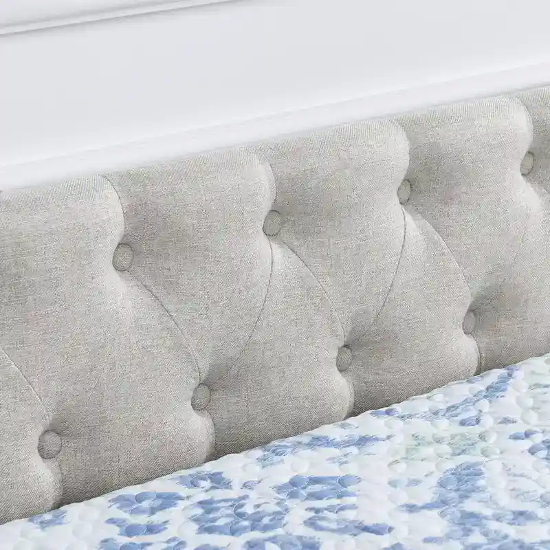 Lit de repos rembourré Queen avec tiroirs de rangement, capitonné, beige-gris