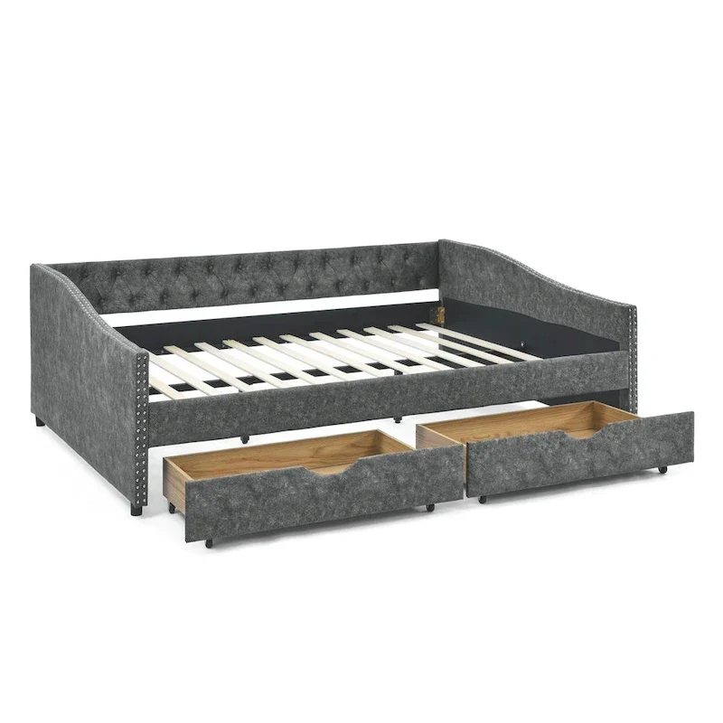 Lit de repos rembourré Queen avec tiroirs de rangement, capitonné, beige-gris