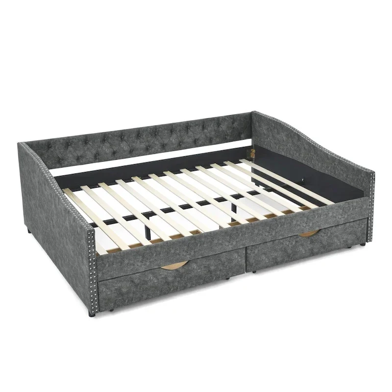 Lit de repos rembourré Queen avec tiroirs de rangement, capitonné, beige-gris