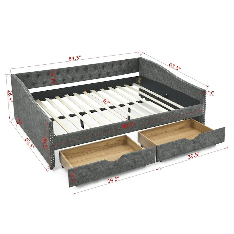 Lit de repos rembourré Queen avec tiroirs de rangement, capitonné, beige-gris