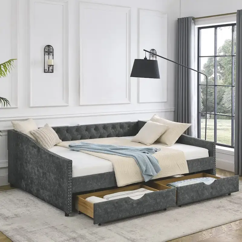 Lit de repos rembourré Queen avec tiroirs de rangement, capitonné, beige-gris
