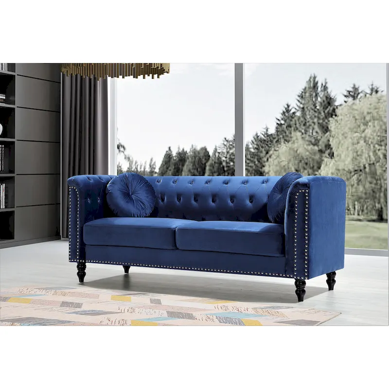 Canapé Chesterfield classique capitonné en velours clouté avec coussin décoratif