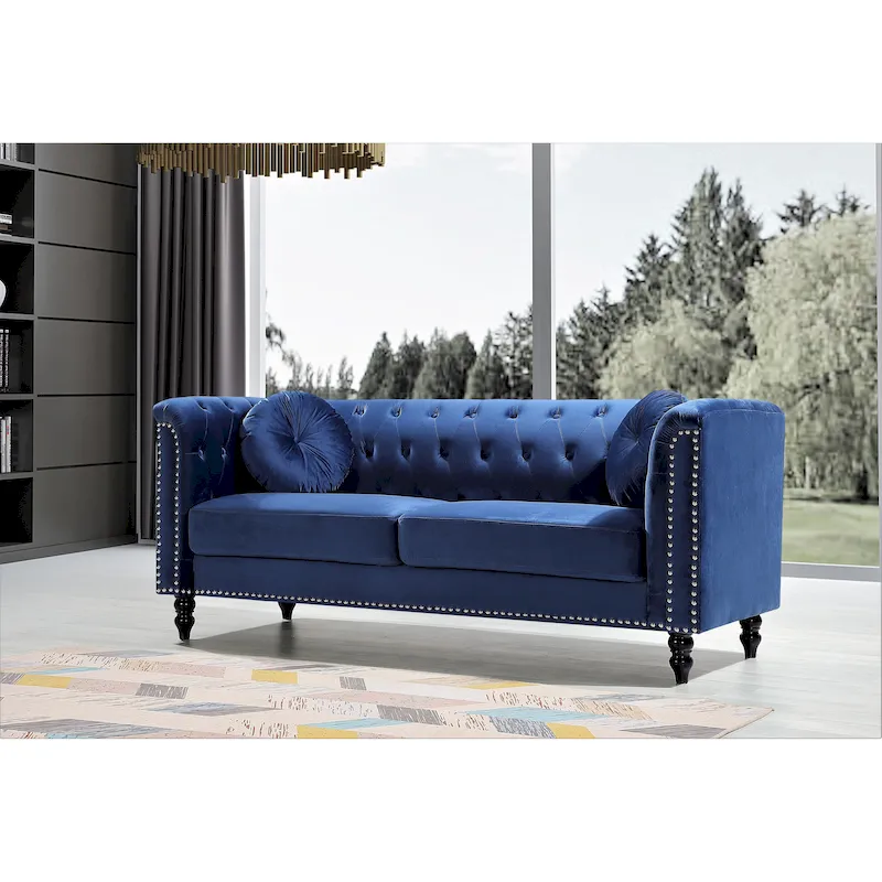 Canapé Chesterfield classique capitonné en velours clouté avec coussin décoratif