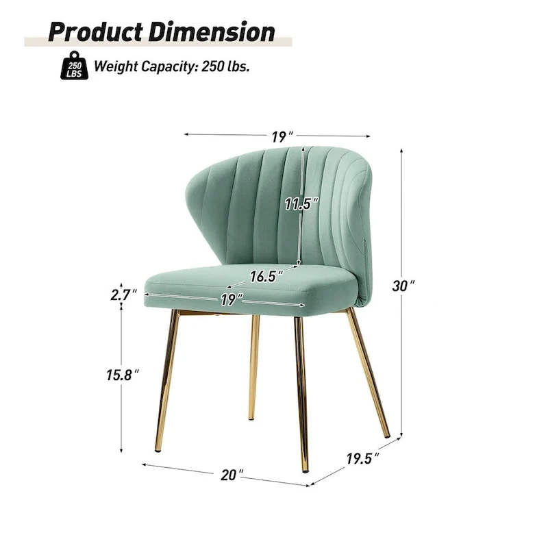 Chaise de salle à manger en velours avec pieds en métal doré, dossier incurvé et rembourré en mousse