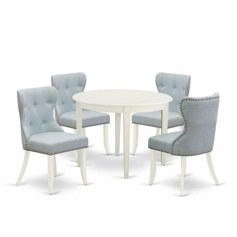 Table à manger ronde en bois avec chaises Parsons tapissées de lin bleu layette Blanc