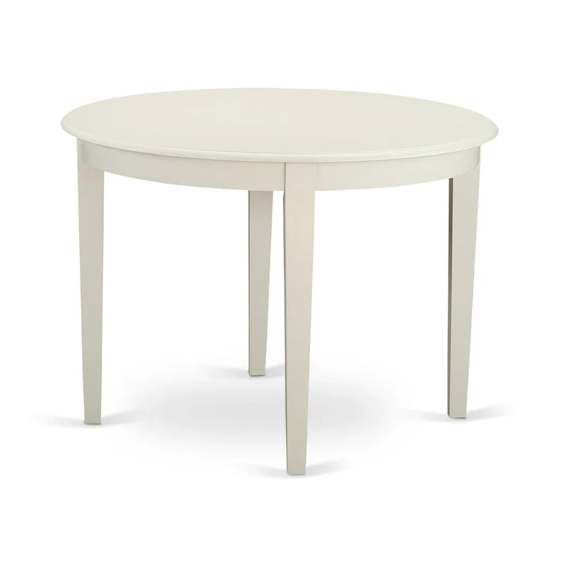Table à manger ronde en bois avec chaises Parsons tapissées de lin bleu layette Blanc