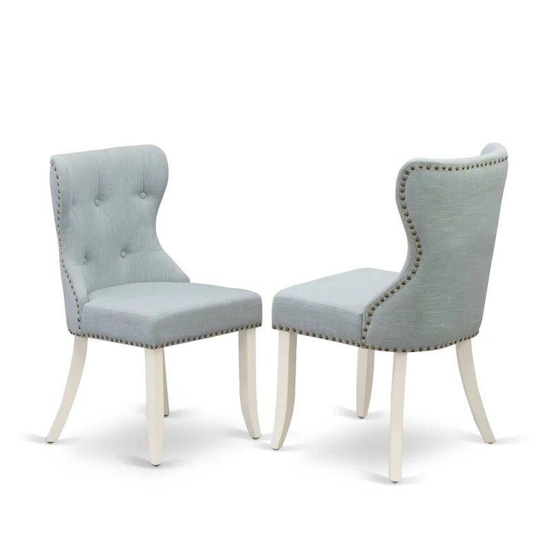 Table à manger ronde en bois avec chaises Parsons tapissées de lin bleu layette Blanc