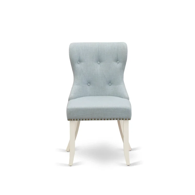 Table à manger ronde en bois avec chaises Parsons tapissées de lin bleu layette Blanc
