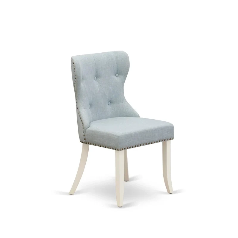 Table à manger ronde en bois avec chaises Parsons tapissées de lin bleu layette Blanc
