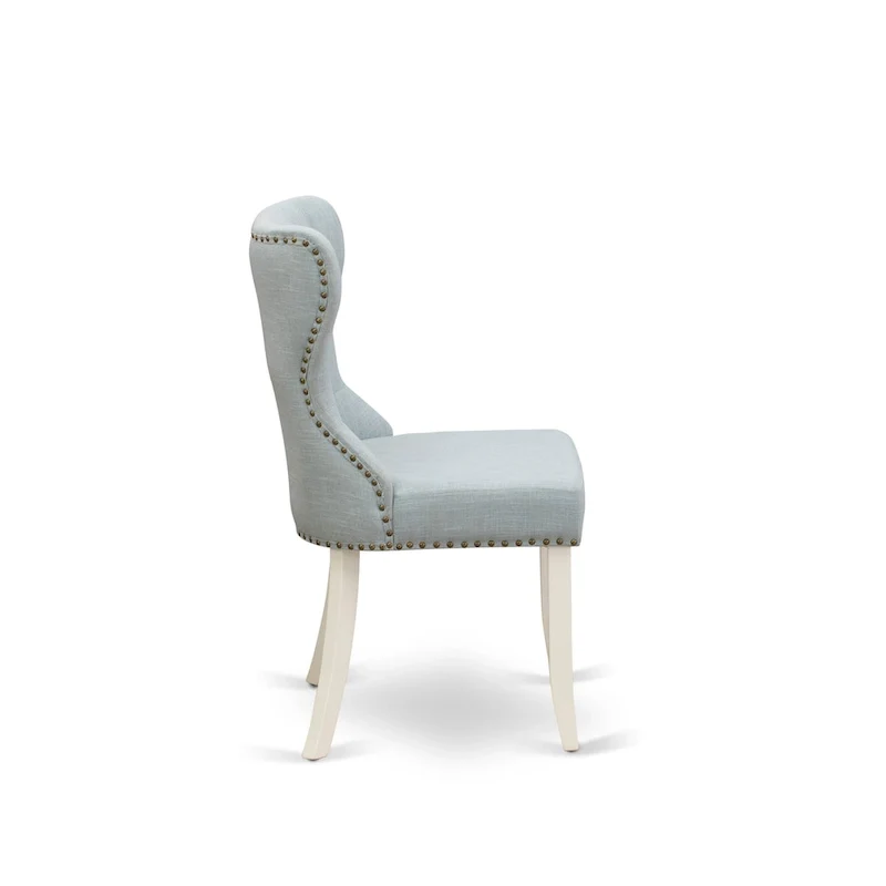 Table à manger ronde en bois avec chaises Parsons tapissées de lin bleu layette Blanc