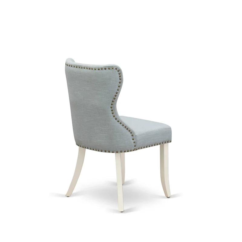 Table à manger ronde en bois avec chaises Parsons tapissées de lin bleu layette Blanc