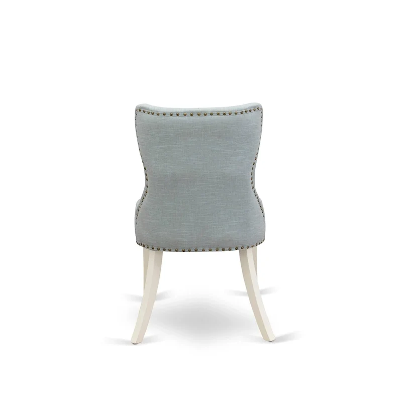 Table à manger ronde en bois avec chaises Parsons tapissées de lin bleu layette Blanc
