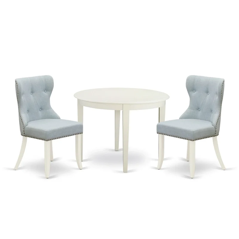 Table à manger ronde en bois avec chaises Parsons tapissées de lin bleu layette Blanc