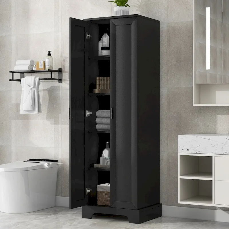 Meuble de rangement en MDF finition bois noir avec étagères réglables et double porte