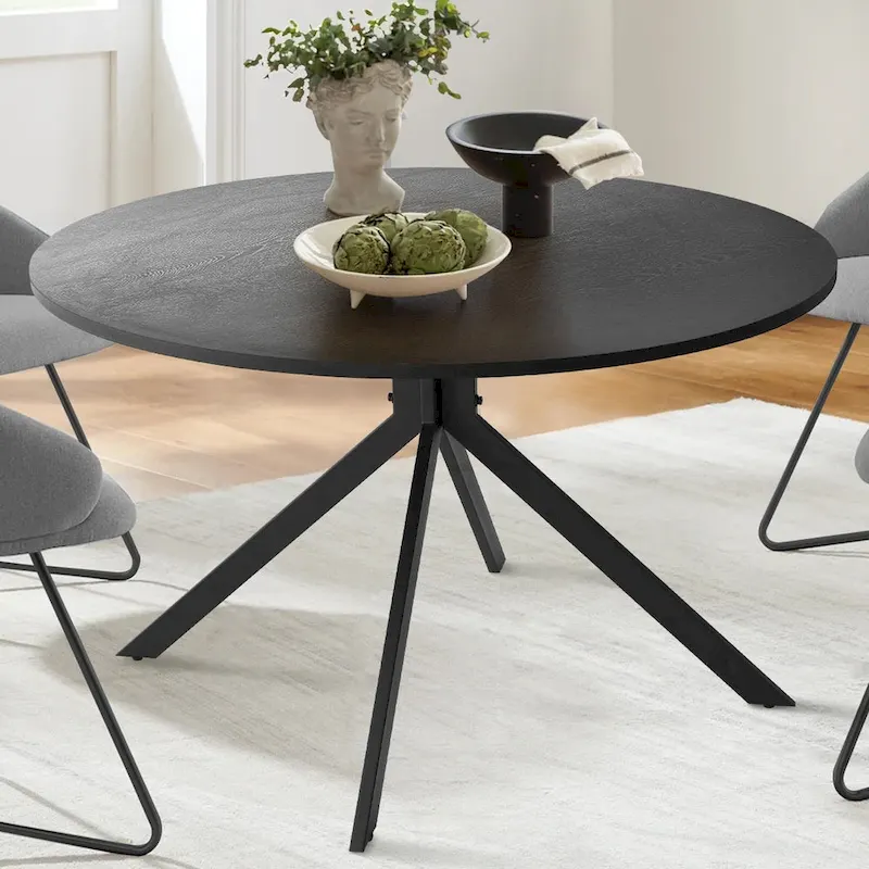 Table à manger ronde noire avec plateau effet chêne et piétement en métal