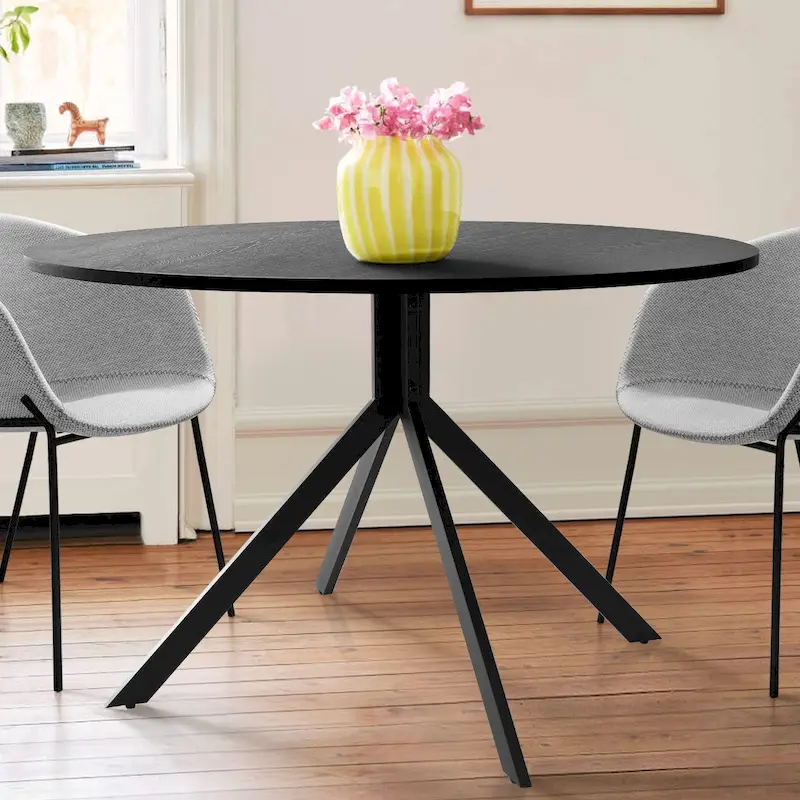 Table à manger ronde noire avec plateau effet chêne et piétement en métal