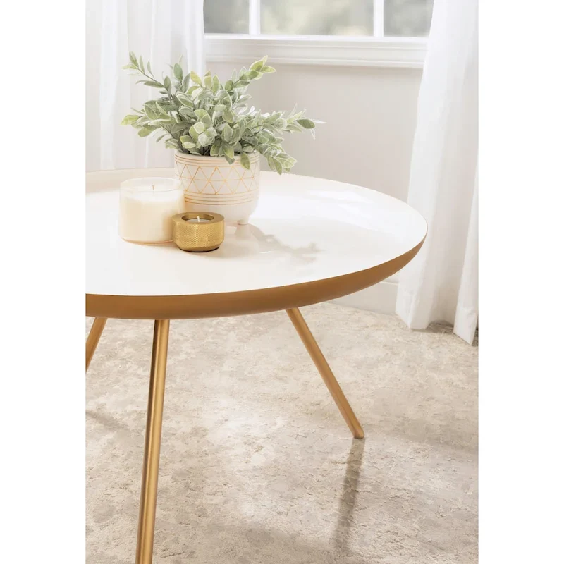 Table basse ronde en métal avec pieds trépied et finition émail bicolore blanc et noir