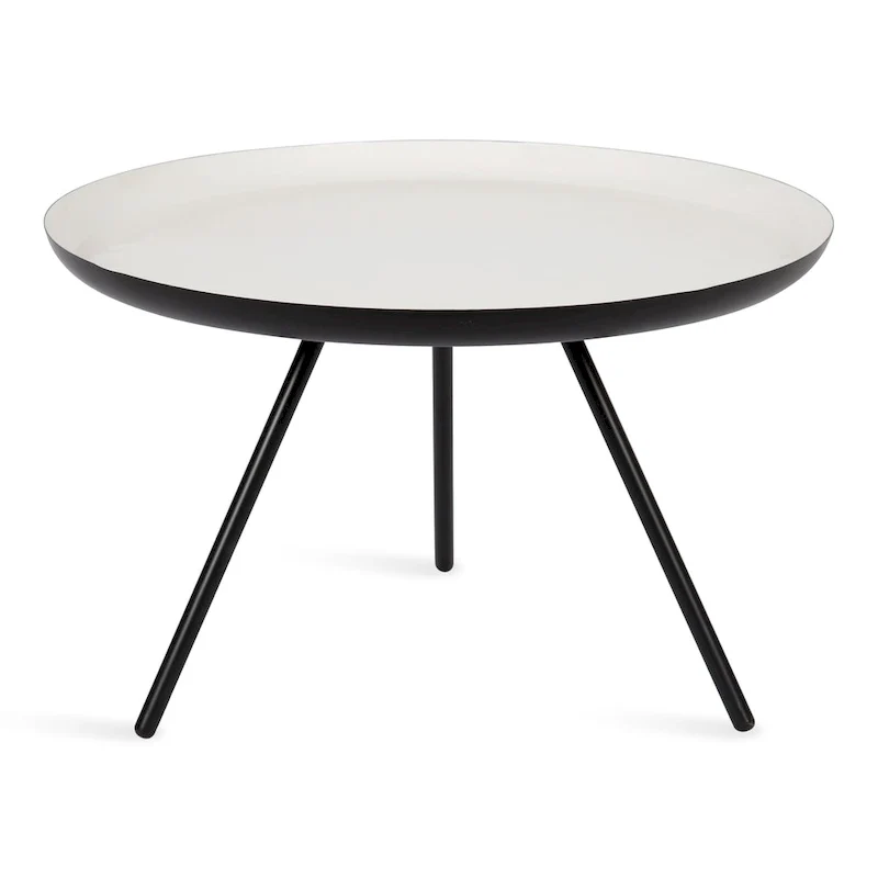 Table basse ronde en métal avec pieds trépied et finition émail bicolore blanc et noir