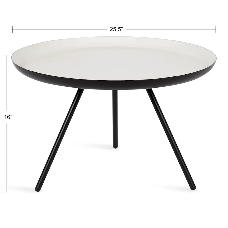Table basse ronde en métal avec pieds trépied et finition émail bicolore blanc et noir