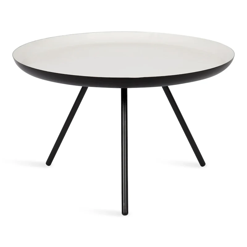 Table basse ronde en métal avec pieds trépied et finition émail bicolore blanc et noir