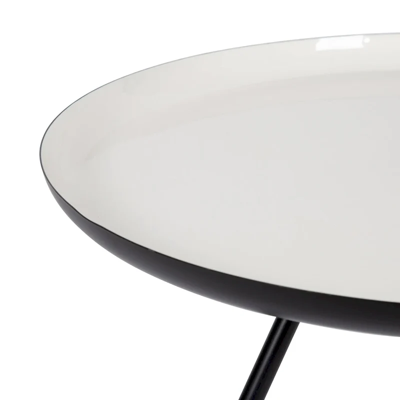 Table basse ronde en métal avec pieds trépied et finition émail bicolore blanc et noir