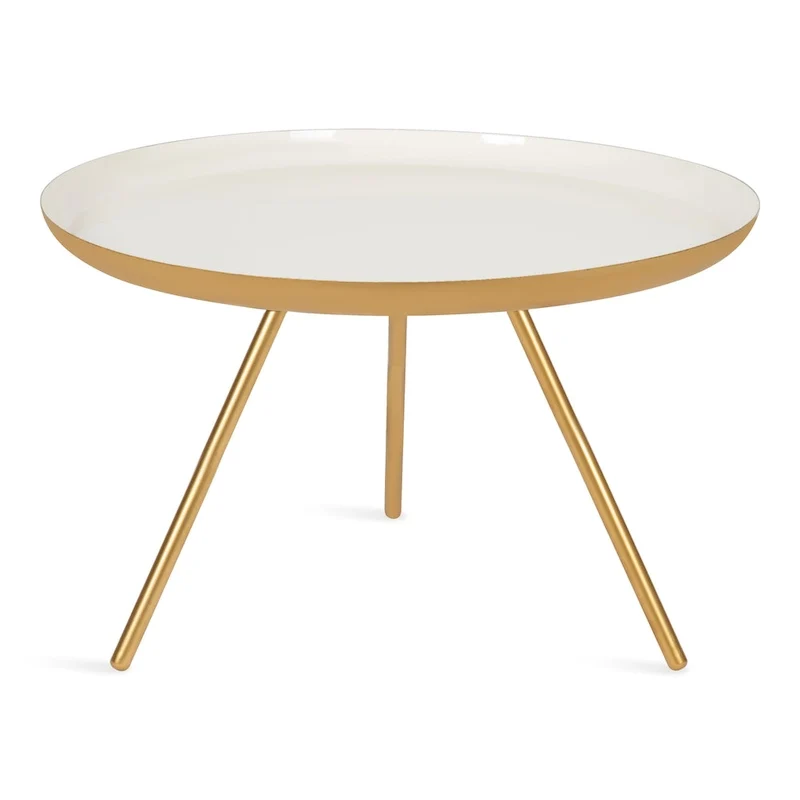 Table basse ronde en métal avec pieds trépied et finition émail bicolore blanc et noir