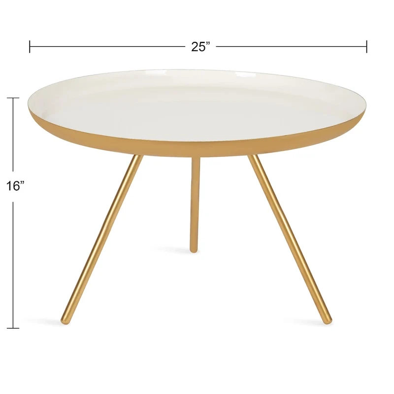 Table basse ronde en métal avec pieds trépied et finition émail bicolore blanc et noir