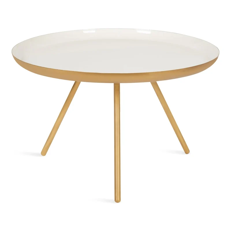Table basse ronde en métal avec pieds trépied et finition émail bicolore blanc et noir
