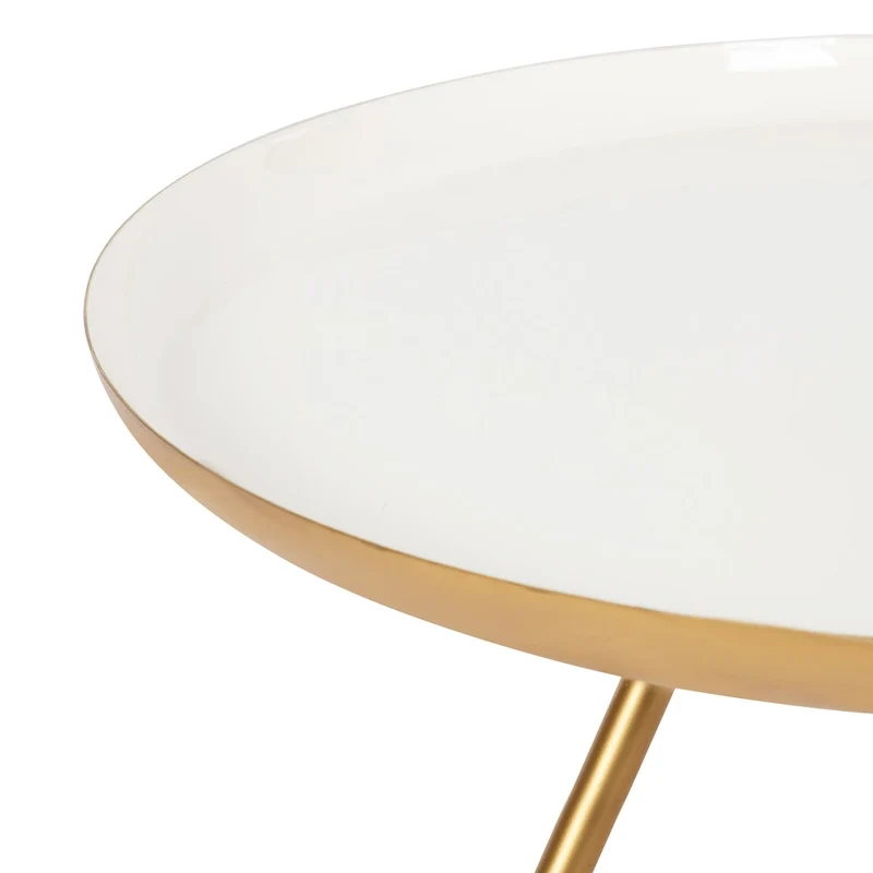 Table basse ronde en métal avec pieds trépied et finition émail bicolore blanc et noir
