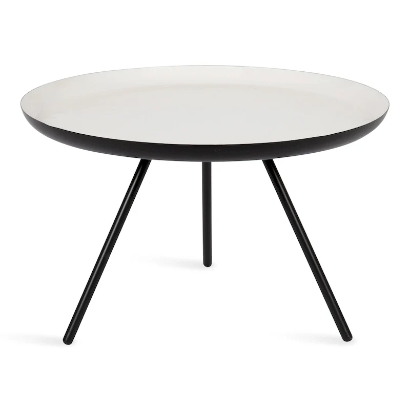 Table basse ronde en métal avec pieds trépied et finition émail bicolore blanc et noir