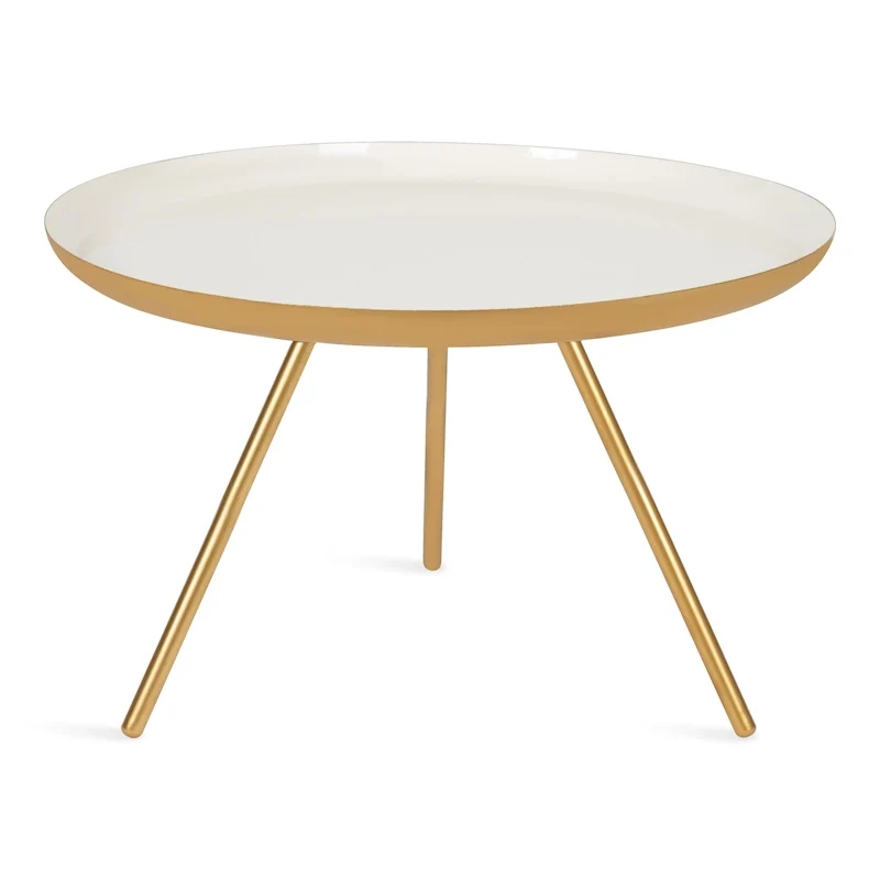 Table basse ronde en métal avec pieds trépied et finition émail bicolore blanc et noir