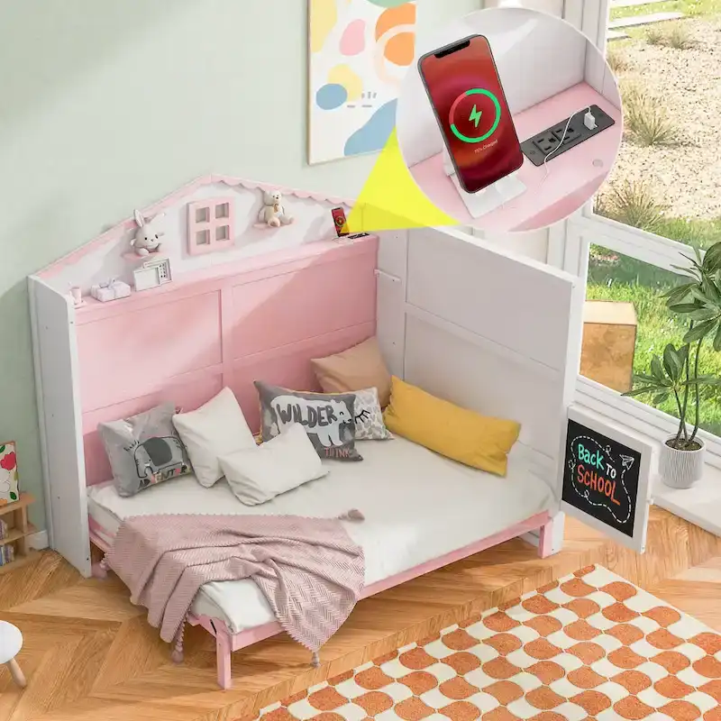 Lit cabane pour enfant avec chargeur USB, étagères et tableau noir, Rose Blanc