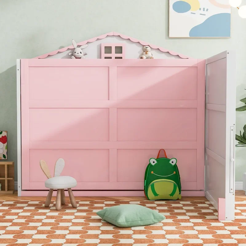 Lit cabane pour enfant avec chargeur USB, étagères et tableau noir, Rose Blanc