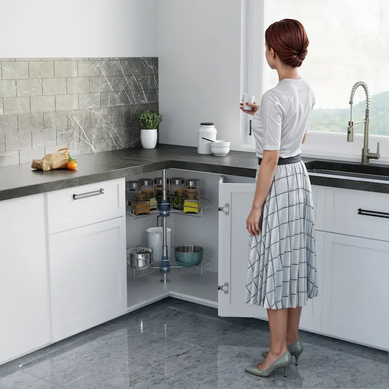 Organisateur d'angle de cuisine rotatif à 270 degrés en acier inoxydable, double étagère, couleur grise