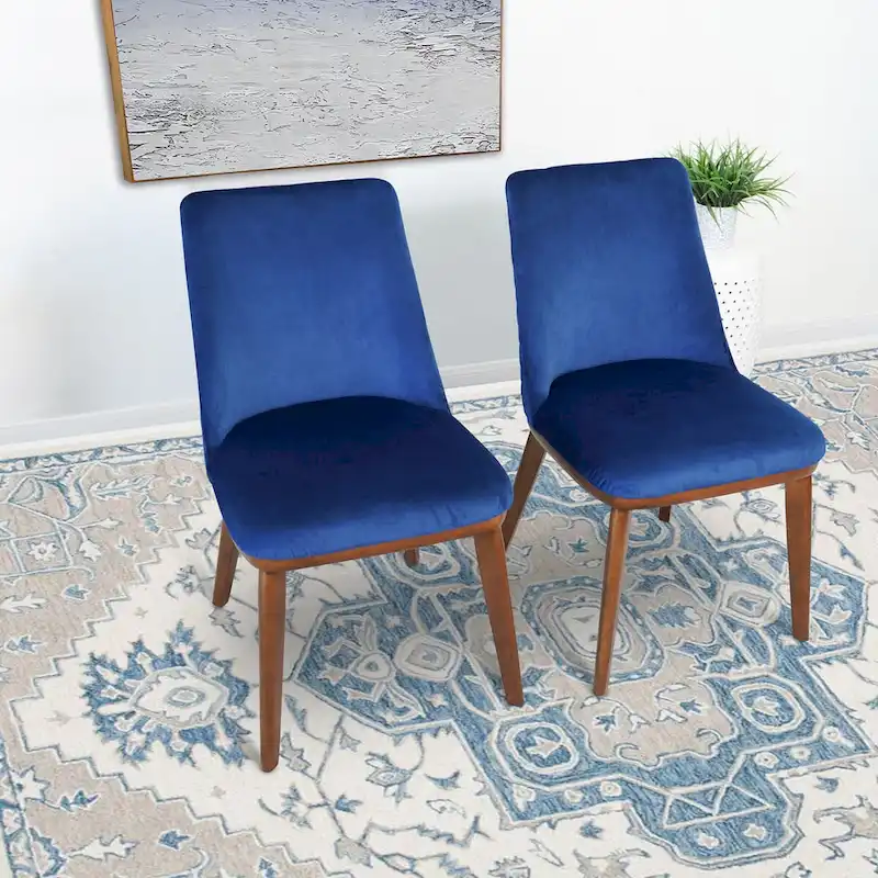 Chaise de salle à manger en velours capitonné de style Mid-Century avec pieds en bois massif, bleu marine