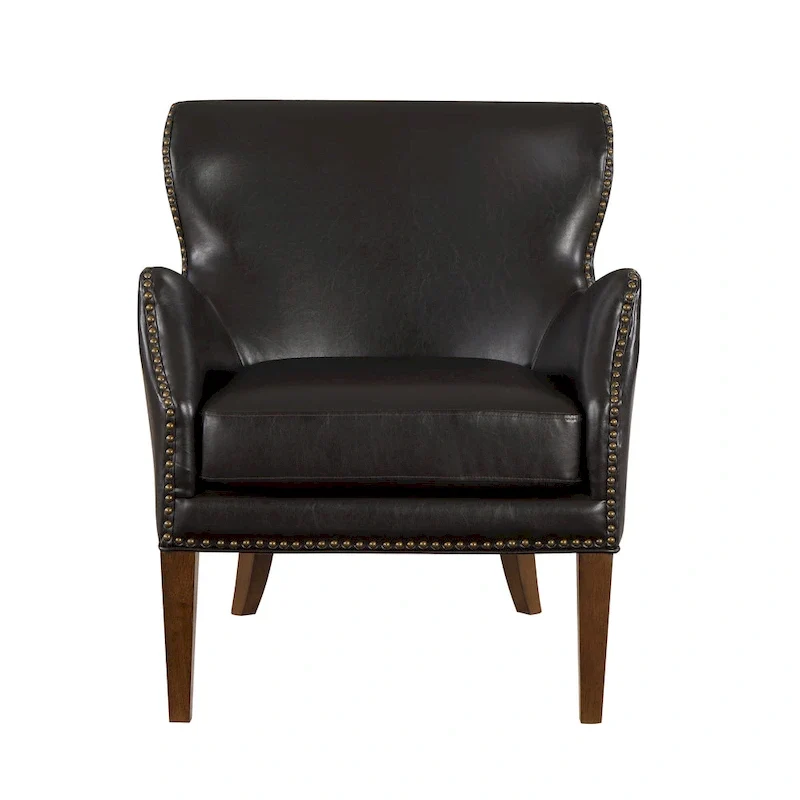 Fauteuil d'appoint à accoudoirs inclinés et pieds hauts en similicuir avec garniture cloutée, marron foncé