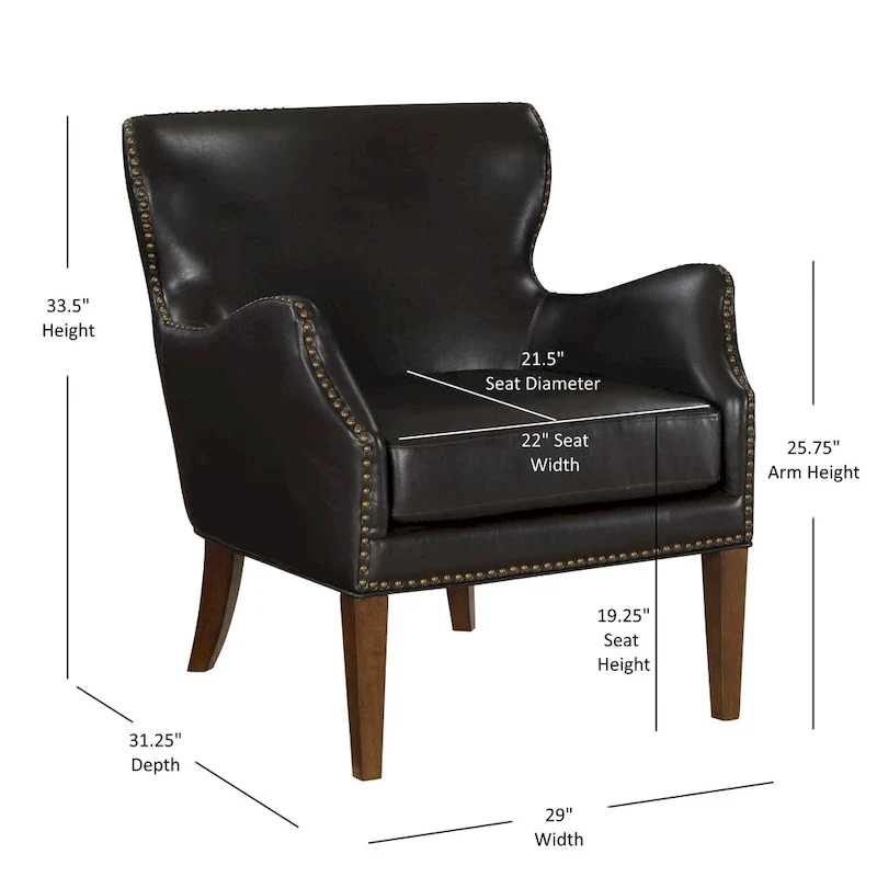 Fauteuil d'appoint à accoudoirs inclinés et pieds hauts en similicuir avec garniture cloutée, marron foncé