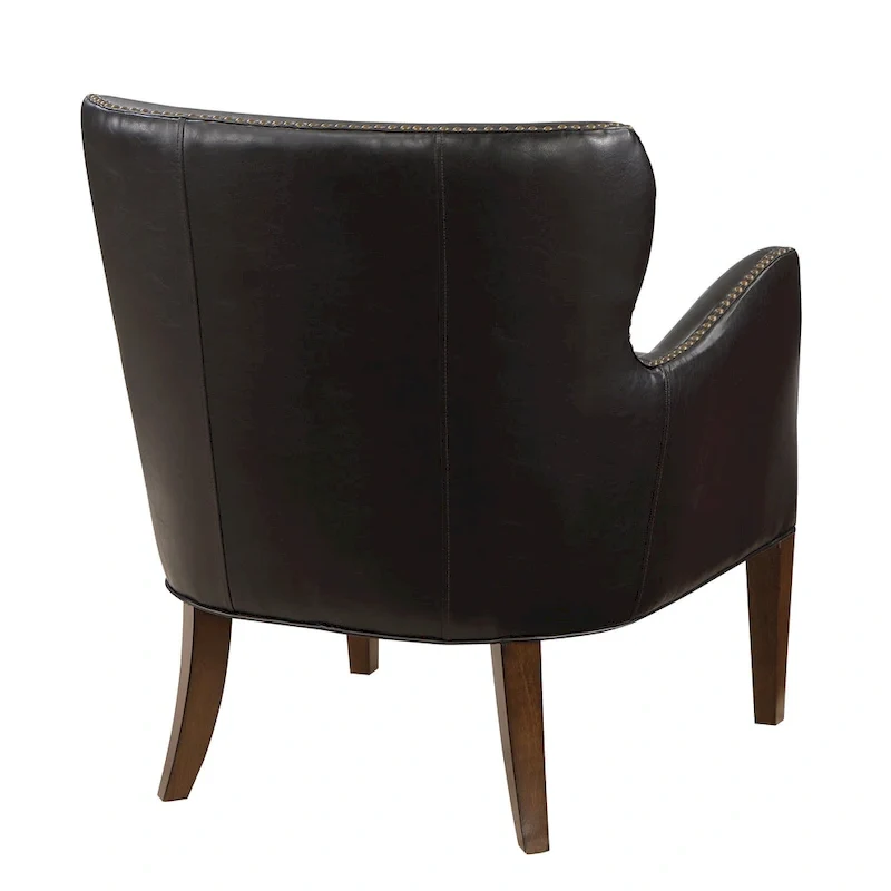 Fauteuil d'appoint à accoudoirs inclinés et pieds hauts en similicuir avec garniture cloutée, marron foncé
