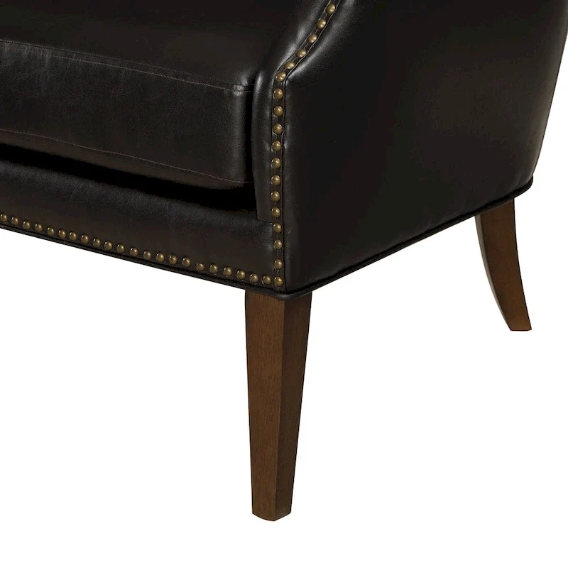 Fauteuil d'appoint à accoudoirs inclinés et pieds hauts en similicuir avec garniture cloutée, marron foncé
