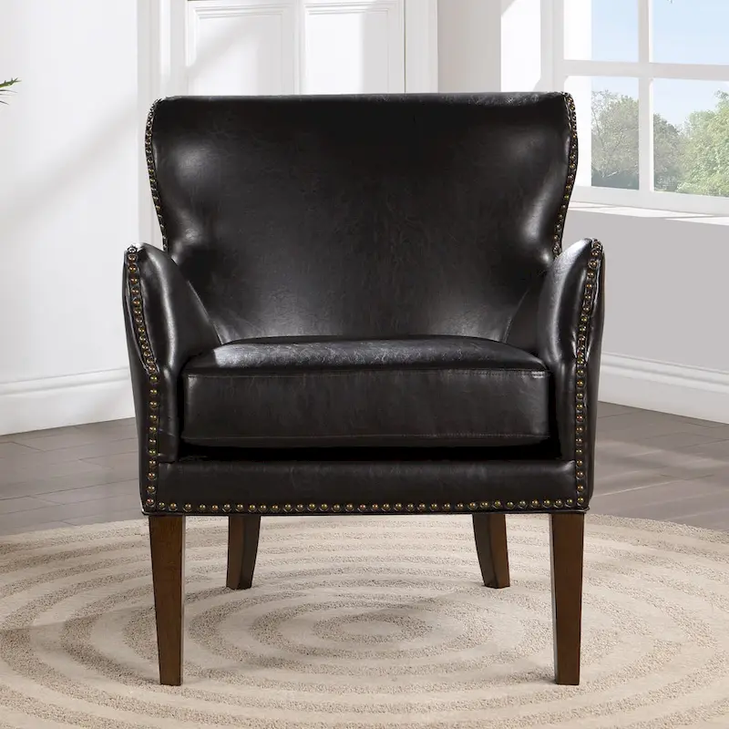 Fauteuil d'appoint à accoudoirs inclinés et pieds hauts en similicuir avec garniture cloutée, marron foncé
