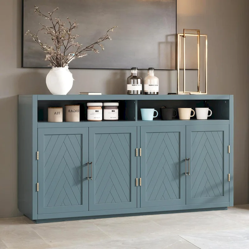 Buffet 4 portes à chevrons avec étagère ouverte et rangement réglable, noir