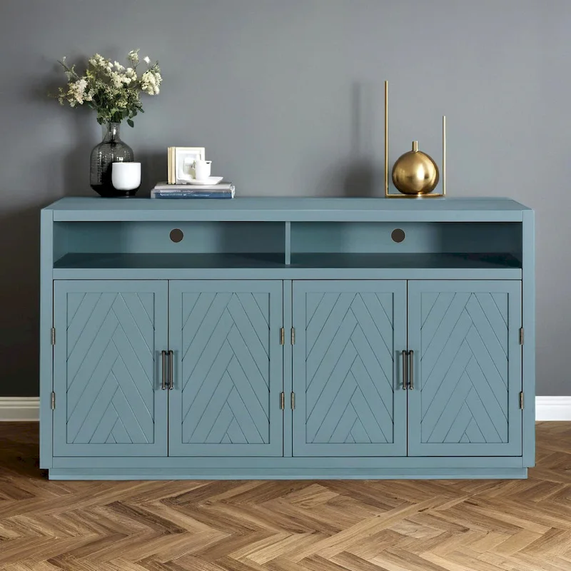 Buffet 4 portes à chevrons avec étagère ouverte et rangement réglable, noir