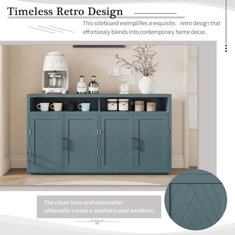 Buffet 4 portes à chevrons avec étagère ouverte et rangement réglable, noir