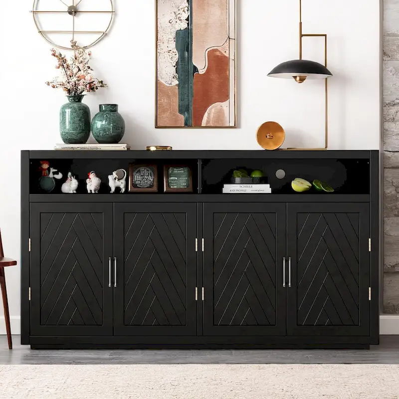 Buffet 4 portes à chevrons avec étagère ouverte et rangement réglable, noir
