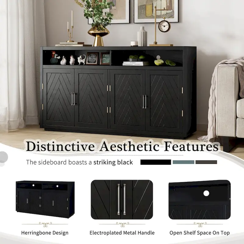 Buffet 4 portes à chevrons avec étagère ouverte et rangement réglable, noir