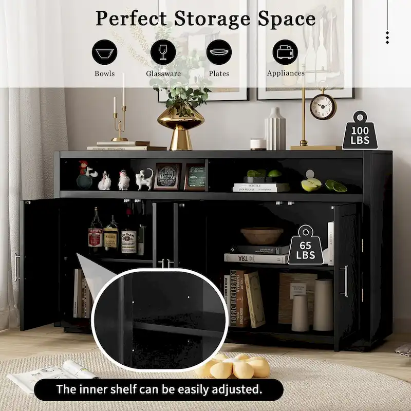 Buffet 4 portes à chevrons avec étagère ouverte et rangement réglable, noir