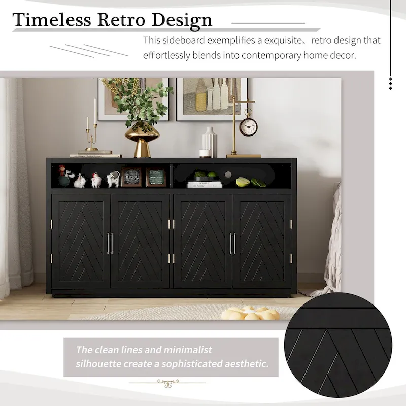 Buffet 4 portes à chevrons avec étagère ouverte et rangement réglable, noir