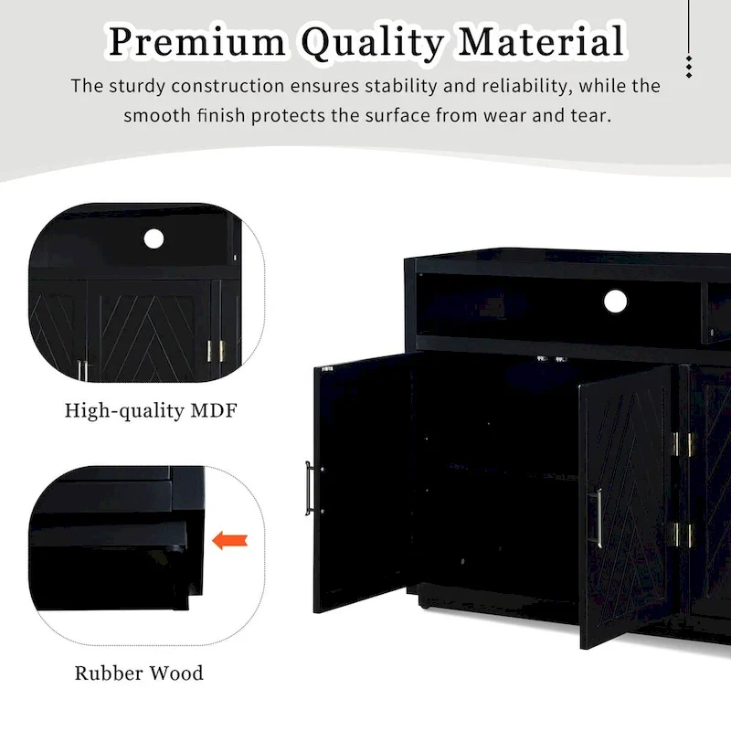 Buffet 4 portes à chevrons avec étagère ouverte et rangement réglable, noir