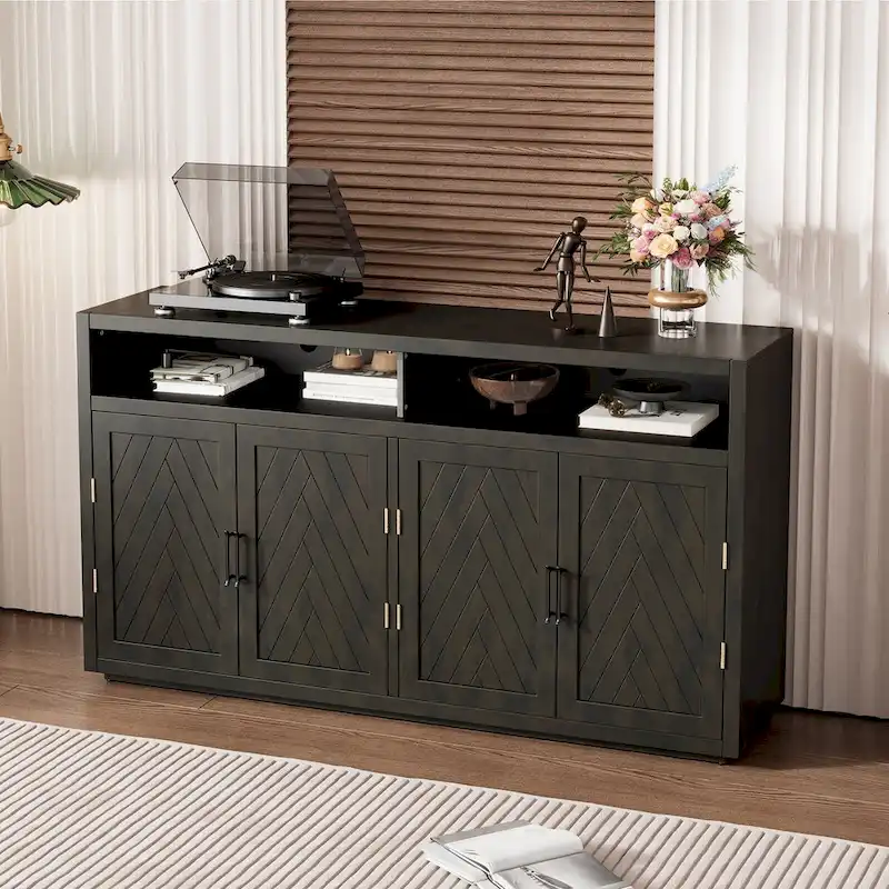 Buffet 4 portes à chevrons avec étagère ouverte et rangement réglable, noir