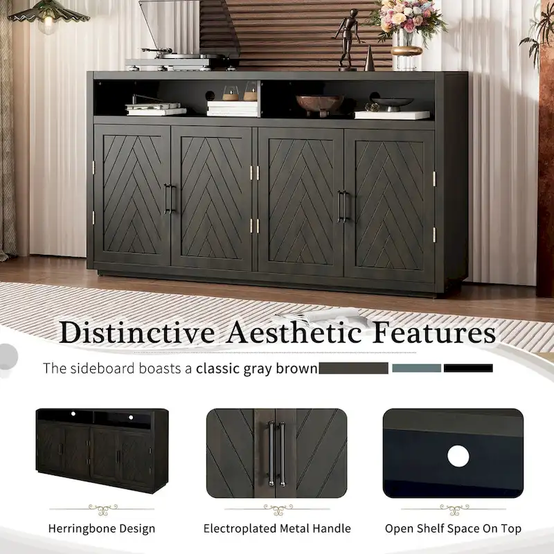 Buffet 4 portes à chevrons avec étagère ouverte et rangement réglable, noir
